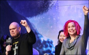 Andy Wachowski, left, and Lana Wachowski speak during the press conference held Thursday in Seoul. The directors, known for “The Matrix” series, came to Korea for the first time to promote their new film “Cloud Atlas.” Photo credit: Yonhap News                                                                     